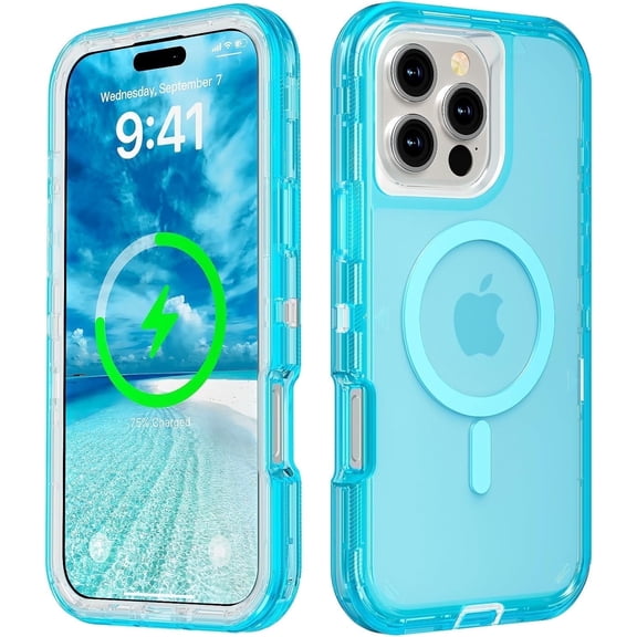 For iPhone 16 Pro Max Transparent Phone Case Compatible with MagSafe, Triple Layer Magnetic Charging Case, Heavy Duty Shockproof and Drop-Proof Phone Case, Crystal Blue