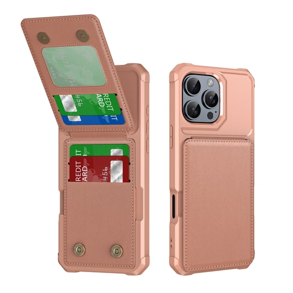 for iPhone 16 Pro Max Wallet Case, Built-in 4 Card Holders Kickstand Purse Cover, Military Grade Enhanced Corners Drop Protection, Rugged Protective Phone Case for iPhone 16 Pro Max, Rosegold
