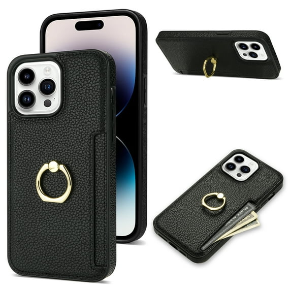 For iPhone 16 Pro Max Wallet Case with Card Holder, 360°Rotation Ring Holder Kickstand, Premium PU Leather RFID Blocking Card Pocket Protective Cover For iPhone 16 Pro Max, Black