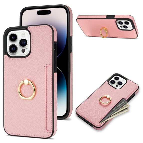 For iPhone 16 Pro Max Wallet Case with Card Holder, 360°Rotation Ring Holder Kickstand, Premium PU Leather RFID Blocking Card Pocket Protective Cover For iPhone 16 Pro Max, Pink