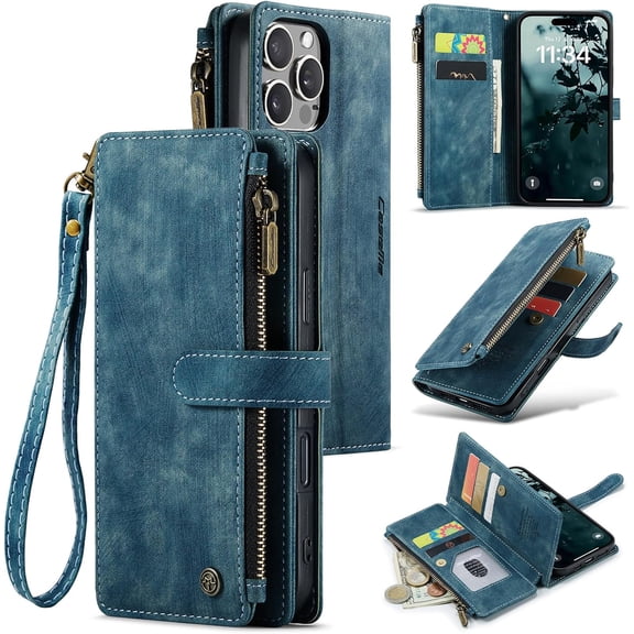 iPhone 16 Pro Max Wallet Case with Card Holder Kickstand Magnetic Zipper Pocket Lanyard Strap Wristlet,Leather Flip Case Wallet for iPhone 16 Pro Max 6.9 Inch
