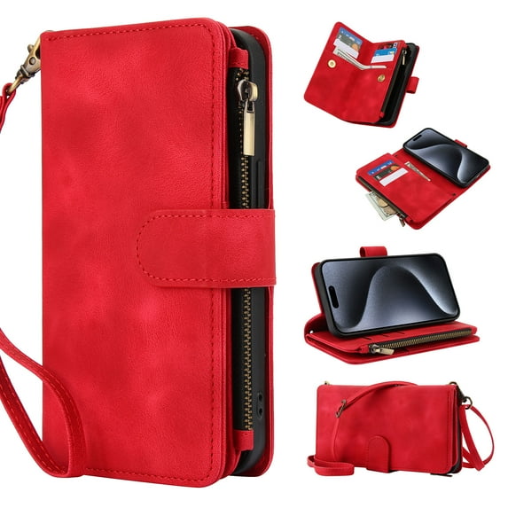 for iPhone 16 Pro Max Wallet Case with Card Holder for Women Men, Phone Case RFID Blocking PU Leather Flip Shockproof Cover with Shoulder + Wrist Strap Zipper Credit Card Slots Stand, Red