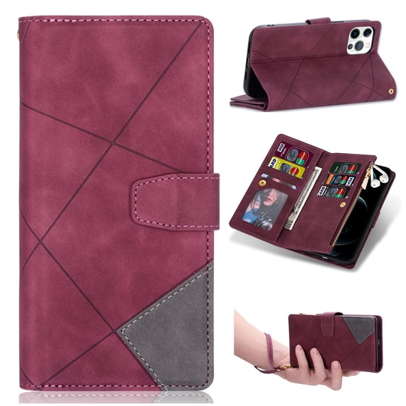 for iPhone 16 Pro Max Wallet Case, with Card Slot Premium Soft PU Leather Zipper Flip Folio Wallet with Wrist Strap Kickstand Protective for iPhone 16 Pro Max Wallet Case Cover, Winered