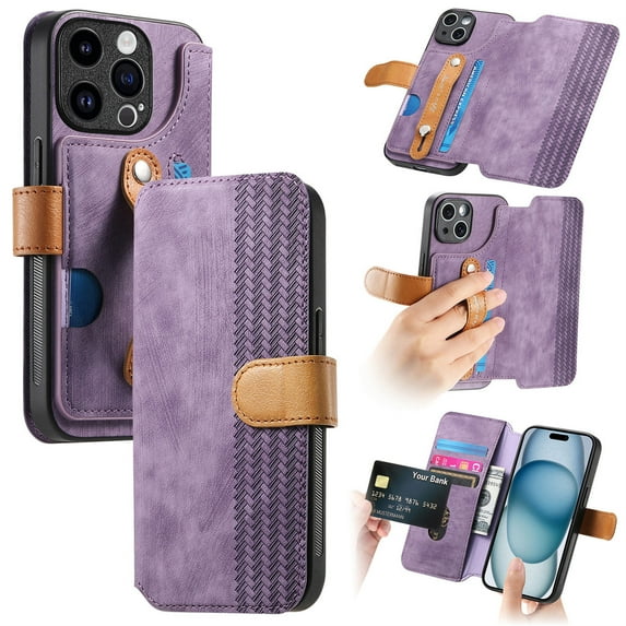for iPhone 16 Pro Max Wallet Case with Card Slots & Cash Slot【RFID Blocking】, With Wrist Kickstand,Flip Folio Book PU Leather Shockproof Anti-fall Rugged Phone case Cover For Women Men,Purple