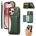 thumbnail image 1 of for iPhone 16 Pro Max Wallet Case with Card Slots, Hand Wrist Strap Rotate Ring Design, Finger Grip Ring PU Leather Magnetic Button Shockproof Purse Phone Cover for iPhone 16 Pro Max, Green, 1 of 7