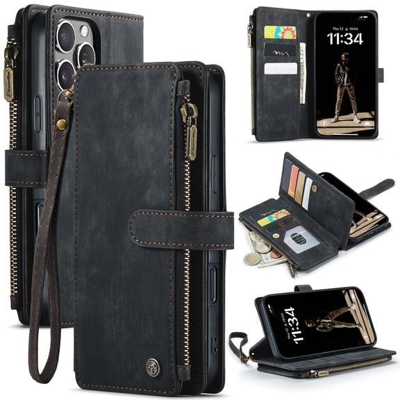 for iPhone 16 Pro Max Wallet Case with Card Slots, Zipper Pocket and Magnetic Flip Folio, RFID Blocking Card Holder Stand Leather Detachable Wristlet Strap 3-in-1 Case for Women and Men,Black
