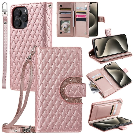 for iPhone 16 Pro Max Wallet Case, Classic PU Leather Phone Case for Women Men with Zipper Credit Card Holder Wrist Strap Crossbody Strap Shockproof Flip Case for iPhone 16 Pro Max, Rosegold