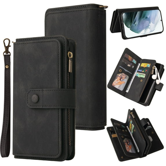 for iPhone 16 Pro Max Wallet Case, Classic PU Leather Wrist Strap PU Leather Kickstand Card Slots Heavy Duty Protection Zipper Pocket Rugged Phone Case Cover for iPhone 16 Pro Max, Black