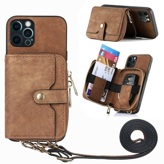 for iPhone 16 Pro Max Wallet Case, Crossbody Phone Purse with Card Holder for Women, Zipper PU Leather Carrying Cover Gift with Shoulder Strap Kickstand Anti-drop for iPhone 16 Pro Max - Brown