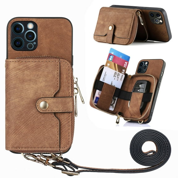 for iPhone 16 Pro Max Wallet Case, Crossbody Phone Purse with Card Holder for Women, Zipper PU Leather Carrying Cover Gift with Shoulder Strap Kickstand Anti-drop for iPhone 16 Pro Max - Brown