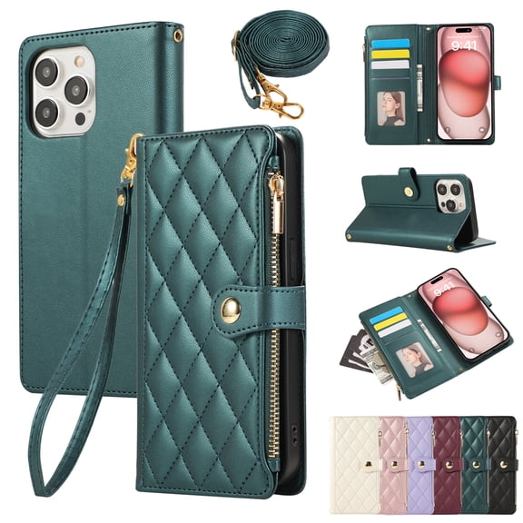 iPhone 16 Pro Max Wallet Case, with Crossbody Shoulder Strap Hand Wrist Cards Holder Zipper Pocket RFID Blocking Shockproof Flip Cover Stand Snap Closure Phone Case for Apple iPhone 16 Pro Max, Green
