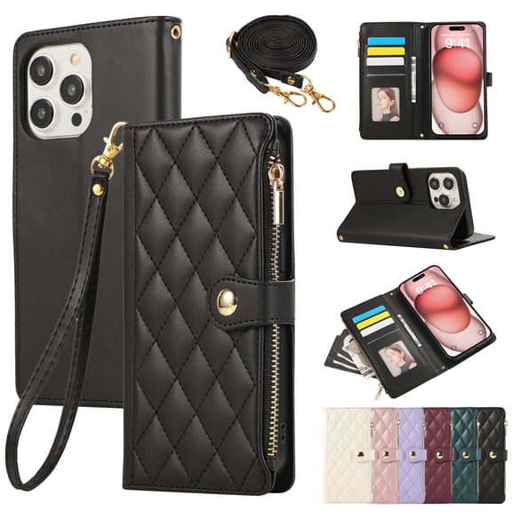 iPhone 16 Pro Max Wallet Case, with Crossbody Shoulder Strap Hand Wrist Cards Holder Zipper Pocket RFID Blocking Shockproof Flip Cover Stand Snap Closure Phone Case for Apple iPhone 16 Pro Max, Black