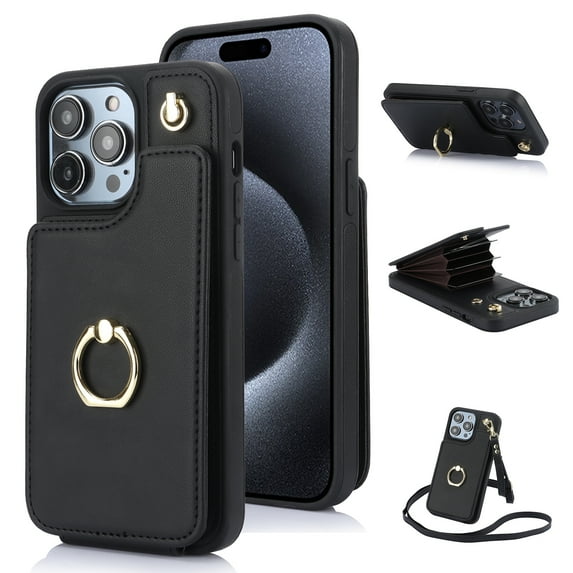 for iPhone 16 Pro Max Wallet Case with Crossbody Strap, Rotation Ring Stand Premium PU Leather with Card Slots TPU Bumper Shockproof Purse Phone Cover for iPhone 16 Pro Max Women Girls, Black