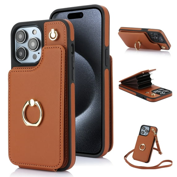 for iPhone 16 Pro Max Wallet Case with Crossbody Strap, Rotation Ring Stand Premium PU Leather with Card Slots TPU Bumper Shockproof Purse Phone Cover for iPhone 16 Pro Max Women Girls, Brown