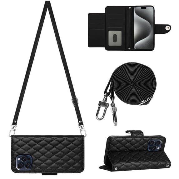 for iPhone 16 Pro Max Wallet Case, Elegant Card Holder Cash Slot PU Leather Kickstand Shoulder Strap Shockproof Protective Flip Women Girls Case Cover for iPhone 16 Pro Max, Black