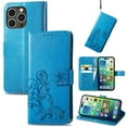 thumbnail image 1 of for iPhone 16 Pro Max Wallet Case, [Flower Embossed] Premium PU Leather Flip Protective Case Cover with Card Holder and Stand with Wrist Strap for iPhone 16 Pro Max, Blue, 1 of 5