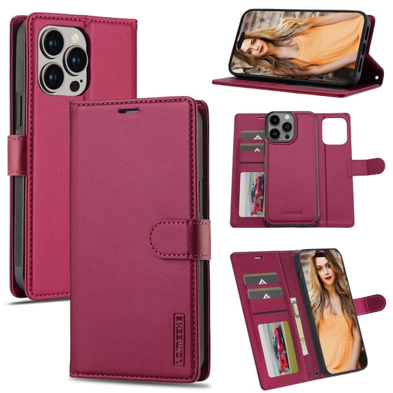 for iPhone 16 Pro Max, Wallet Case with Magnetic Removable Inner Case, Classic Kickstand Wrist Strap Card Slots Full Body Protection Phone Cover for Men Women for iPhone 16 Pro Max, Red