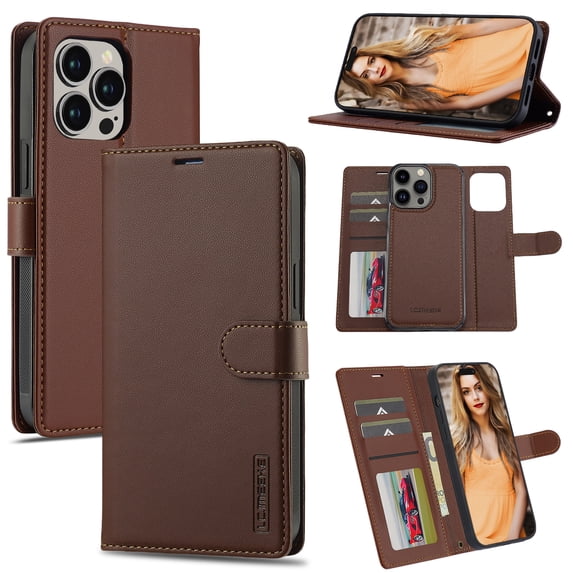 for iPhone 16 Pro Max, Wallet Case with Magnetic Removable Inner Case, Classic Kickstand Wrist Strap Card Slots Full Body Protection Phone Cover for Men Women for iPhone 16 Pro Max, Brown