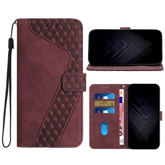 for iPhone 16 Pro Max Wallet Case, PU Leather Flip Protective Phone Case Wrist Strap Credit Card Holder Pocket Embossed Kickstand Full Body Protection Classic Case for iPhone 16 Pro Max, Winered