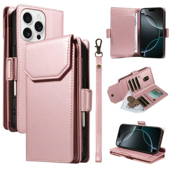 For iPhone 16 Pro Max Wallet Case, [RFID Blocking 11 Card Slots & 2 Cash Pockets] [Kickstand] [Wrist Strap] [Magnetic Closure] Soft PU Leather Shockproof Protective Flip Case,Rosegold