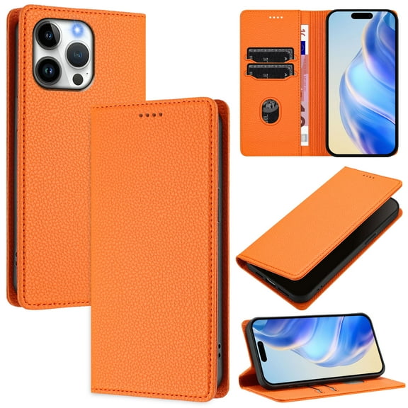 for iPhone 16 Pro Max Wallet Case with RFID Blocking Card Slots, Fashion PU Leather Flip Kickstand Magnetic Phone Cover Women Men, Support Wireless Charging, Full Body Protection - Orange