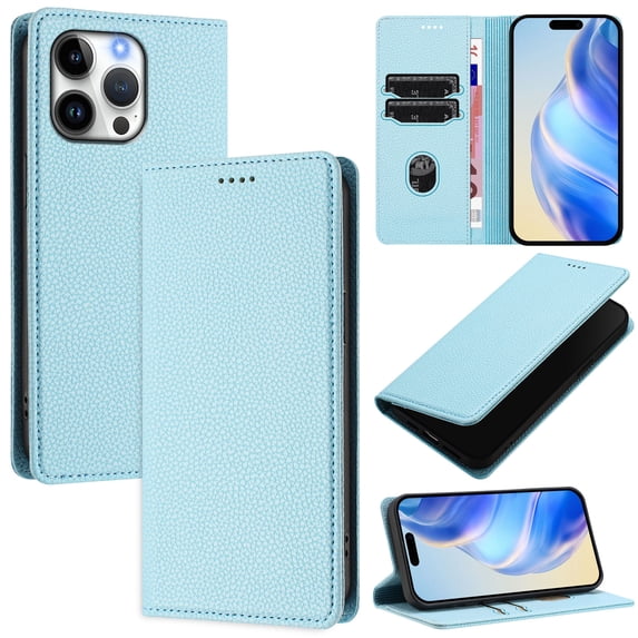for iPhone 16 Pro Max Wallet Case with RFID Blocking Card Slots, Fashion PU Leather Flip Kickstand Magnetic Phone Cover Women Men, Support Wireless Charging, Full Body Protection - Skyblue