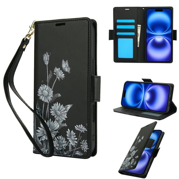 for iPhone 16 Pro Max Wallet Case with RFID Blocking Card Slots, Floral Pattern PU Leather Flip Cover with Kickstand Wrist Strap Full Body Protection Magnetic Closure Elegant & Functional, Black