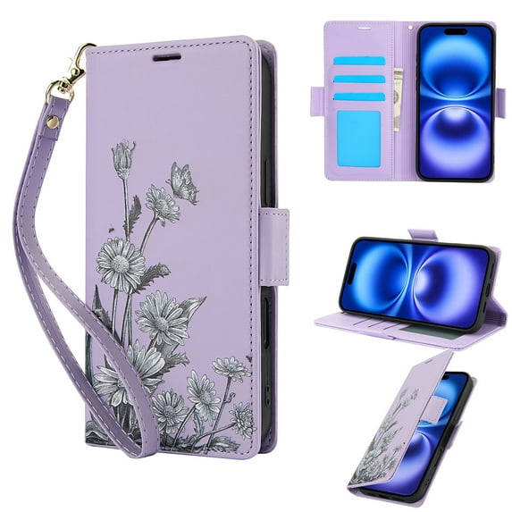 for iPhone 16 Pro Max Wallet Case with RFID Blocking Card Slots, Floral Pattern PU Leather Flip Cover with Kickstand Wrist Strap Full Body Protection Magnetic Closure Elegant & Functional, Purple