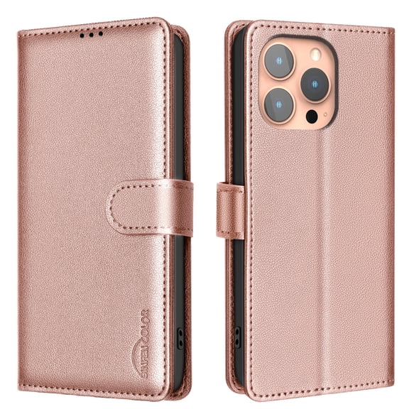 for iPhone 16 Pro Max Wallet Case, with [RFID Blocking] Card Slots Strong Magnetic PU Leather Flip Fold Protective Adjustable Kickstand Phone Case for iPhone 16 Pro Max - Rose Gold