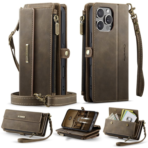 for iPhone 16 Pro Max Wallet Case with RFID Blocking Card Slots Zipper Pocket, PU Leather Kickstand Full Body Rugged Protection Shoulder & Wrist Strap Heavy Duty Shockproof Cover, Coffee