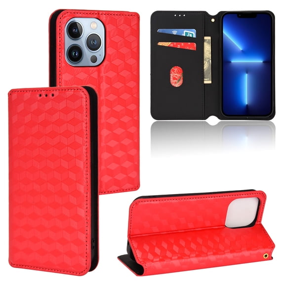 For iPhone 16 Pro Max Wallet Case with RFID Blocking ID Credit Card Holder, Luxury Diamond Patterned Shiny PU Leather Magnetic Folio Book Flip Kickstand Shockproof Phone Case, Red