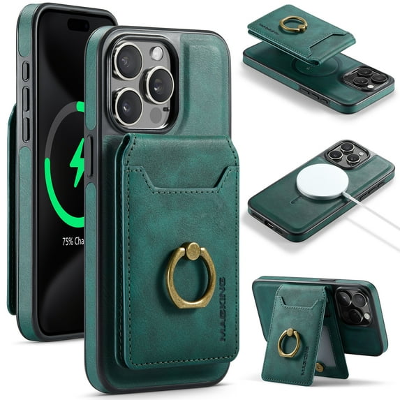 for iPhone 16 Pro Max Wallet Case with Removable Card Holder, 360° Rotation Ring Kickstand RFID Blocking PU Leather Magnetic Clasp Shockproof Rugged Phone Case Cover for Women Men,Green