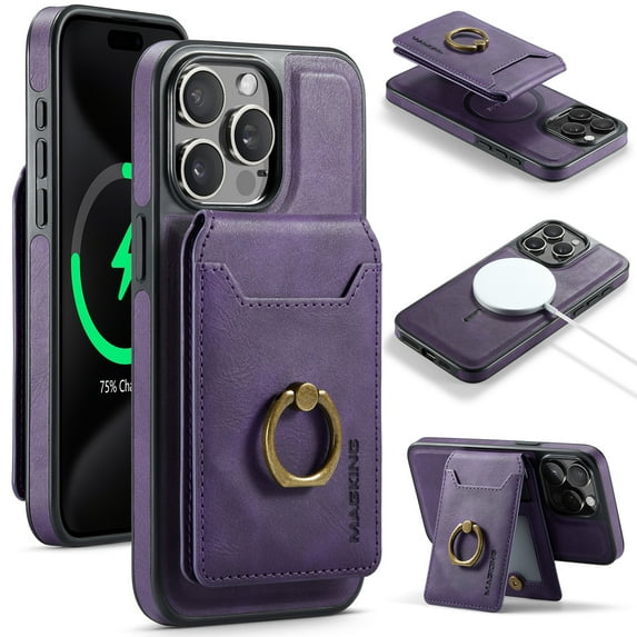for iPhone 16 Pro Max Wallet Case with Removable Card Holder, 360° Rotation Ring Kickstand RFID Blocking PU Leather Magnetic Clasp Shockproof Rugged Phone Case Cover for Women Men,Purple
