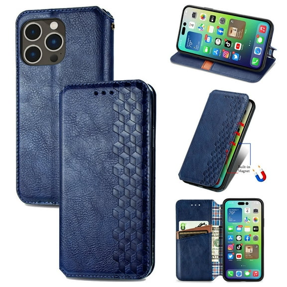 for iPhone 16 Pro Max Wallet Case, Vintage PU Leather Flip Case with Card Holder Kickstand Hidden Magnet Folio Case Book Cover Compatible with iPhone 16 Pro Max - Blue