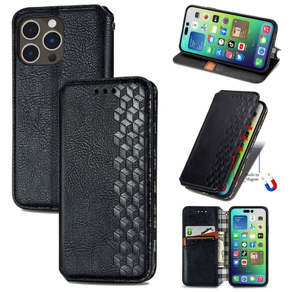 for iPhone 16 Pro Max Wallet Case, Vintage PU Leather Flip Case with Card Holder Kickstand Hidden Magnet Folio Case Book Cover Compatible with iPhone 16 Pro Max - Black