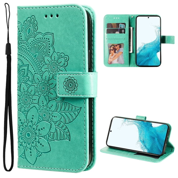 for iPhone 16 Pro Max Wallet Case for Women, with Card Holder Embossed Mandala Flower Flip PU Leather Magnetic Protective Kickstand Cover with Lanyard for iPhone 16 Pro Max, Green