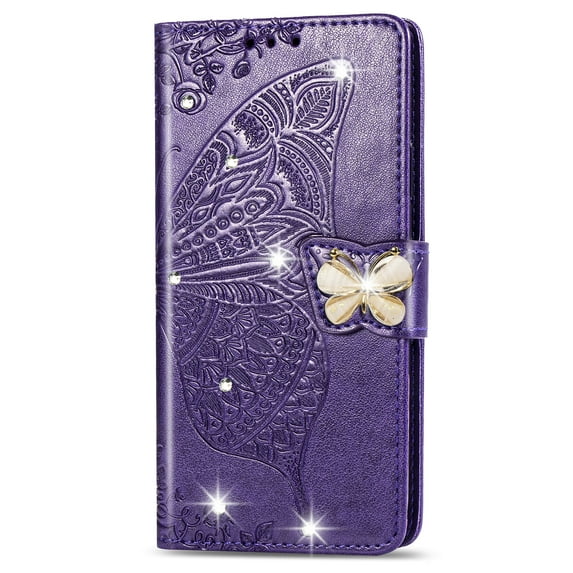 For iPhone 16 Pro Max Wallet Phone Case,Flip Folding Kickstand,With Wrist Strap,Card Slots,Luxury Diamond Butterfly&Flower Embossing PU Leather Shockproof Anti-fall Phone Case,Purple