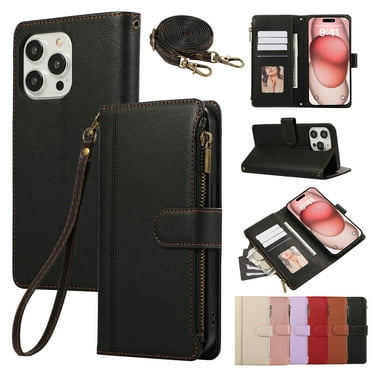 for iPhone 16 Pro Max Wallet case with Card Holder for Women Men,Phone case RFID Blocking PU Leather Flip Cover with Strap Zipper Credit Card Slots,Kickstand,With Wrist Strap,Black