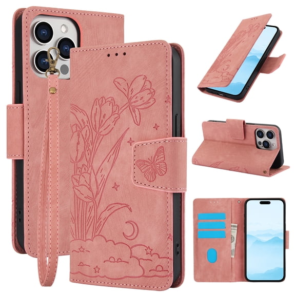 for iPhone 16 Pro Max Wallet case with RFID Blocking Credit Card Holder,Flip PU Leather Emboss Butterfly Flower Shockproof Protective Cover Women Men for iPhone 16 Pro Max Phone case,Pink