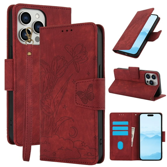 for iPhone 16 Pro Max Wallet case with RFID Blocking Credit Card Holder,Flip PU Leather Emboss Butterfly Flower Shockproof Protective Cover Women Men for iPhone 16 Pro Max Phone case,Red