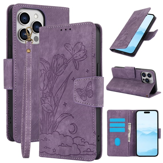 for iPhone 16 Pro Max Wallet case with RFID Blocking Credit Card Holder,Flip PU Leather Emboss Butterfly Flower Shockproof Protective Cover Women Men for iPhone 16 Pro Max Phone case,Purple