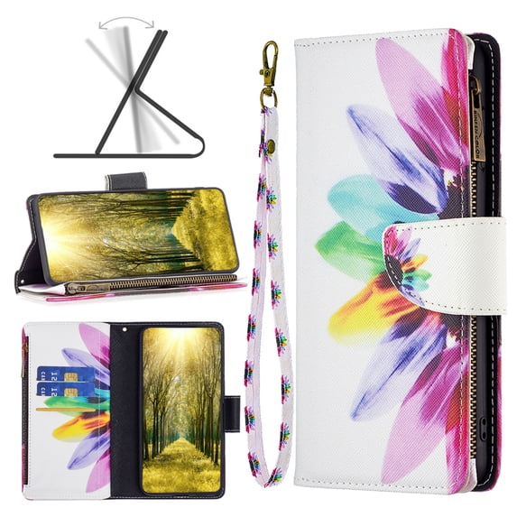 for iPhone 16 Pro Max Zipper Wallet Case with Credit Card Slots, Floral Flower Pattern PU Leather Flip Cover for Women Girls, Wrist Hand Strap Kickstand Magnetic Clasp Case, Sun Flower