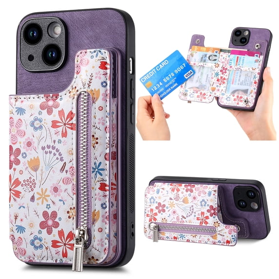 for iPhone 16 Pro Max Zipper Wallet Case, Floral Pattern Purse Cover with Card Holder, RFID Blocking and Kickstand, Shockproof PU Leather Protection Trendy Phone Case for iPhone 16 Pro Max, Purple