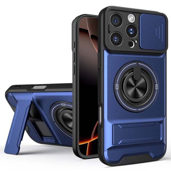 for iPhone 16 Pro Max case with 360° Rotation Magnetic Ring Compatible with MagSafe Sliding Camera Cover Foldable Stand Military-Grade Shockproof Protective Case, Blue
