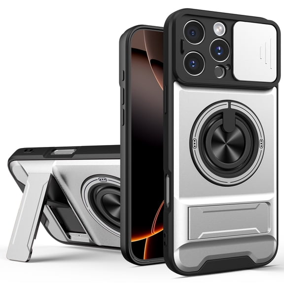 for iPhone 16 Pro Max case with 360° Rotation Magnetic Ring Compatible with MagSafe Sliding Camera Cover Foldable Stand Military-Grade Shockproof Protective Case, Silver