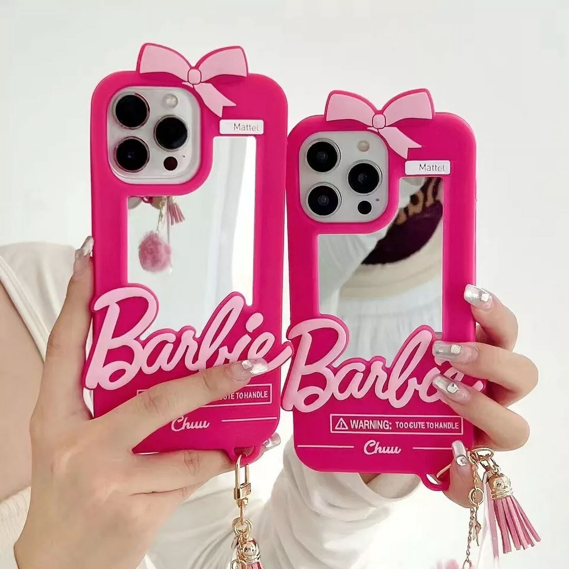 For iPhone 16 Pro Max/iPhone 16/iPhone 16 Pro/iPhone 16 Plus/15/14/13/12 Cute Cartoon Case,Women Kids Fashion Mirror with Pendant Soft Silicone Character Shockproof Gifts Protective Phone Cover Pink