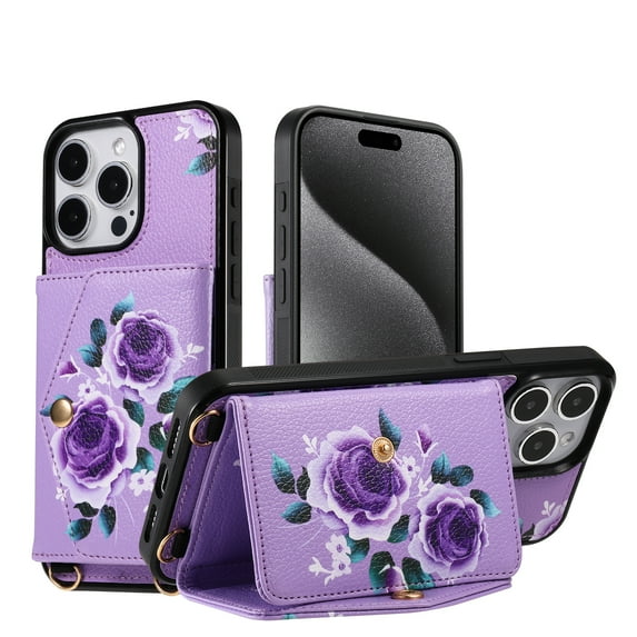 for iPhone 16 Pro Mirror Wallet Case with Card Holder, Floral Flower Print Back Flip Folio PU Leather Kickstand Shoulder Strap / Wristlet Magnetic Clasp Cover for iPhone 16 Pro, Purple