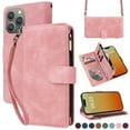 thumbnail image 1 of for iPhone 16 Pro Multifunctional Case Wallet with Card Slots, Premium Soft PU Leather Zipper Folio Flip with Crossbody Strap Kickstand Zipper Phone Cover for iPhone 16 Pro, Pink, 1 of 6