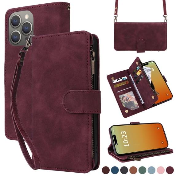for iPhone 16 Pro Multifunctional Case Wallet with Card Slots, Premium Soft PU Leather Zipper Folio Flip with Crossbody Strap Kickstand Zipper Phone Cover for iPhone 16 Pro, Winered