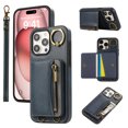 thumbnail image 1 of for iPhone 16 Pro PU Leather Case, Card Slots and Zipper Pocket Kickstand, Classic Protective Shockproof Lightweight Ultra Slim Flip Case Finger Ring Wrist Strap for iPhone 16 Pro, Blue, 1 of 8